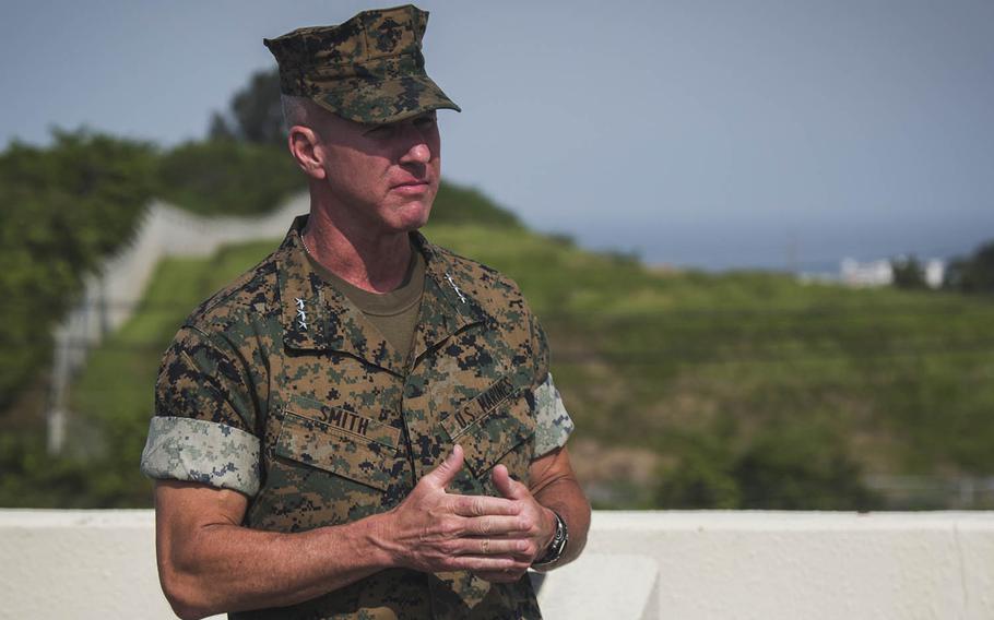 Lt. Gen. Eric Smith speaks at Camp Foster, Okinawa, Aug. 2, 2018.