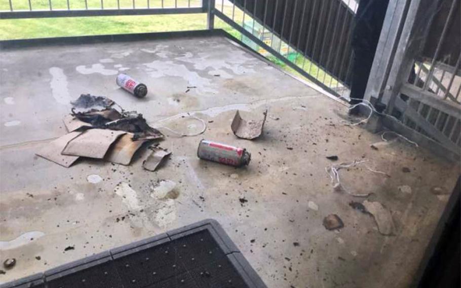 Someone used cassette gas canisters to cause an explosion at Camp Foster, Okinawa, Sunday, March 24, 2019.
