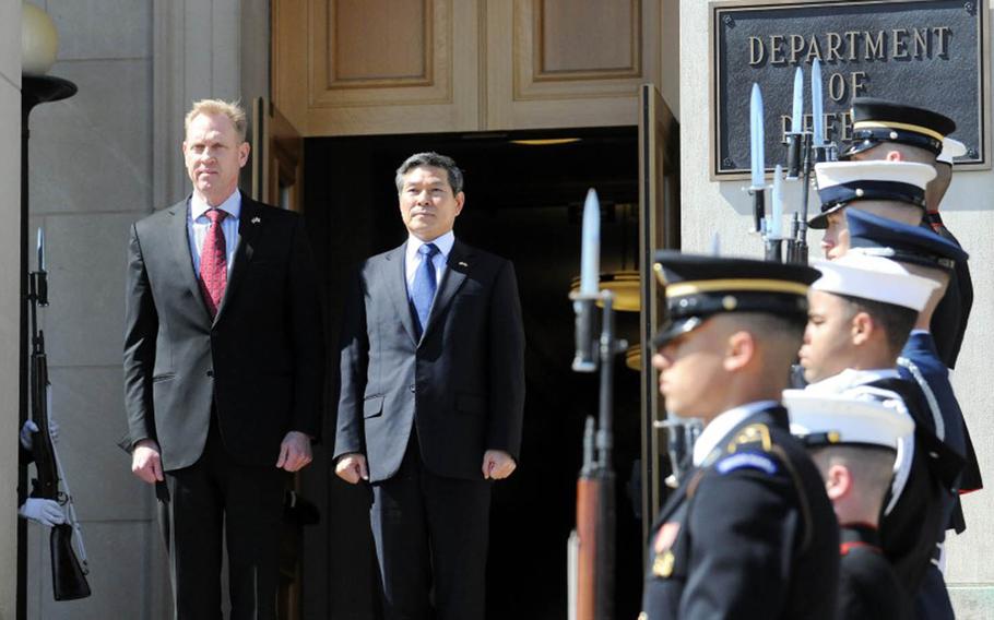 Acting Defense Secretary Pat Shanahan, left, held talks with his South Korean counterpart, Jeong Kyeong-doo, right, in Washington, D.C., Monday, April 1, 2019.