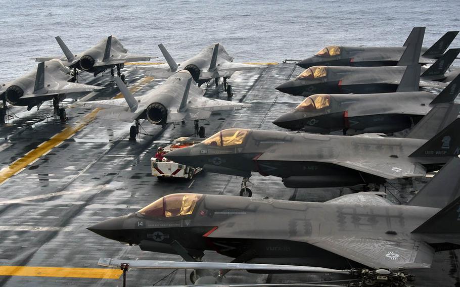 F-35B Lightning II aircraft are secured to the flight deck of the USS Wasp during the Balikatan exercise in the South China Sea on April 4, 2019.