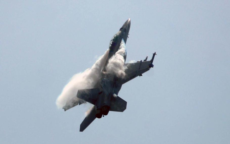 U.S. Navy F/A 18 Super Hornets will take part for the first time at the Marine Corps Air Station Iwakuni, Japan, Friendship Day air show on May 5, 2019. The Hornet shown here appeared in at Langkawi, Malaysia, on March 27, 2013.