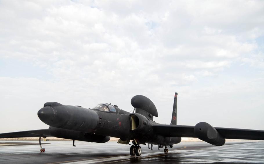 A  U-2 Dragon Lady prepares for a mission from Al Dhafra Air Base, United Arab Emirates, on March 15, 2019.