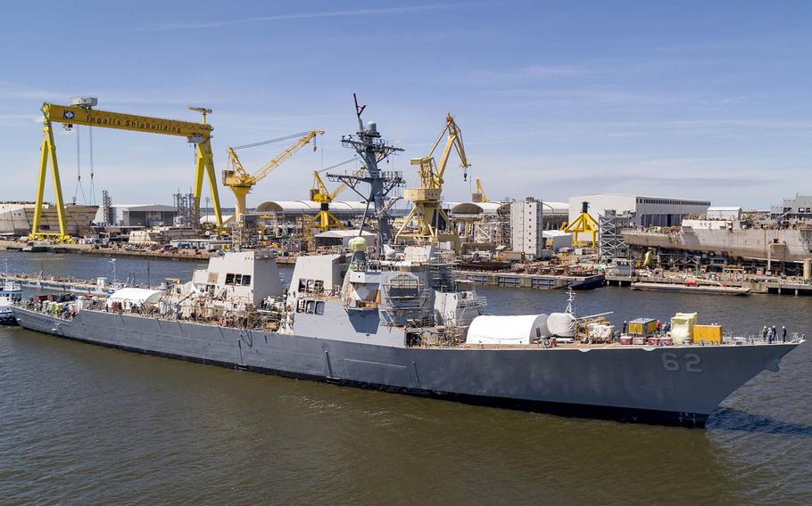 The guided-missile destroyer USS Fitzgerald is moored pierside at Huntington Ingalls Industries in Pascagoula, Miss., Tuesday, April 16, 2019.