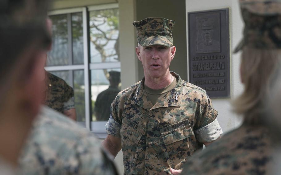 Lt. Gen. Eric Smith, III Marine Expeditionary Force commander, visits the 31st Marine Expeditionary Unit at Camp Hansen, Okinawa, Aug. 8, 2018.