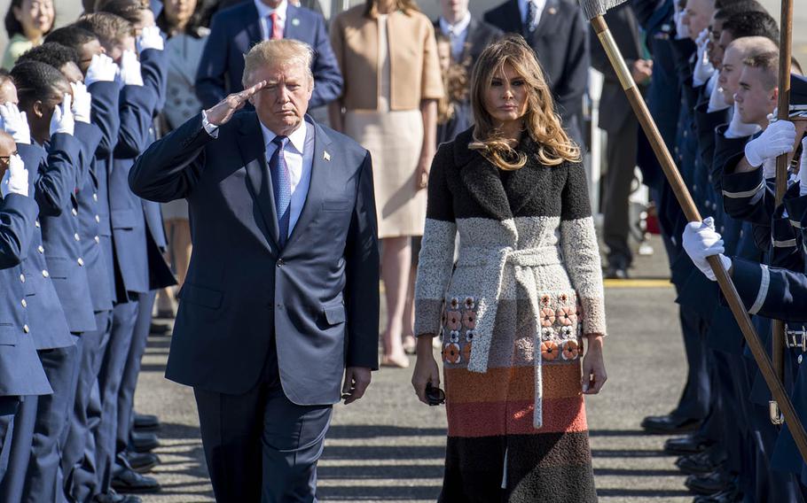 President Donald Trump and first lady Melania Trump arrive at at Yokota Air Base, Japan, Nov. 5, 2017. The visit marked the first time Trump came to Japan as president.