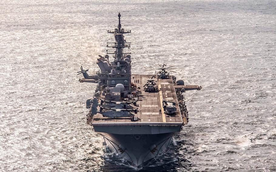 The amphibious assault ship USS America steams in the Arabian Gulf, Nov. 28, 2017.