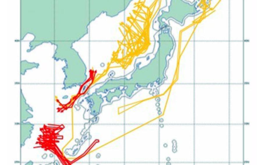 Chinese aircraft that approached Japanese airspace during fiscal year 2018 are represented by red lines, while Russian aircraft are marked by yellow lines in this graphic from the Japan Joint Staff.