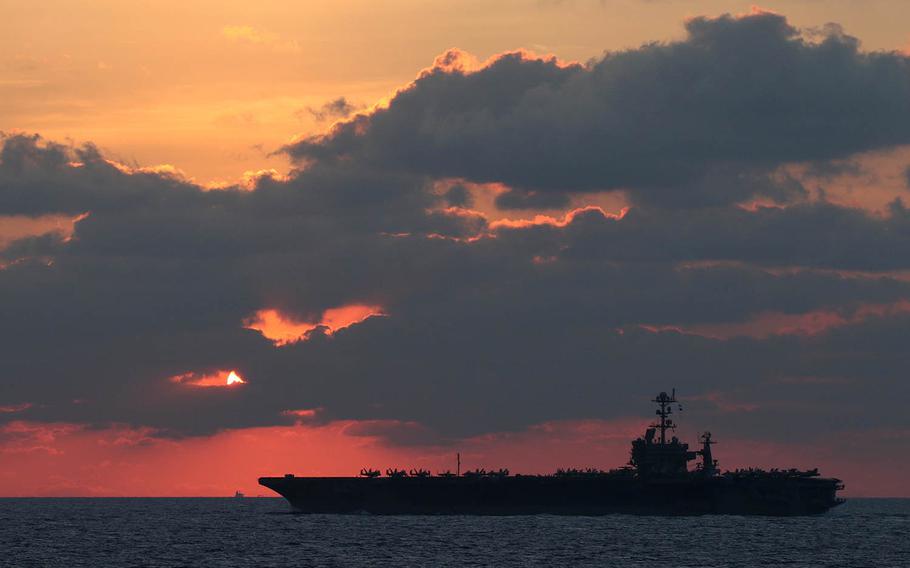 The aircraft carrier USS John C. Stennis transits the South China Sea, Feb. 25, 2019.