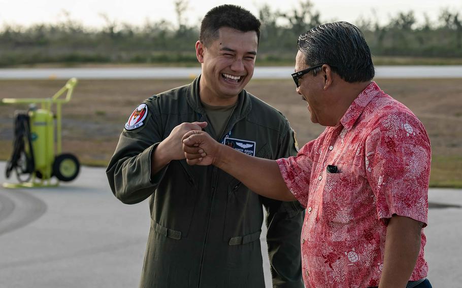 Air Force Capt. Celestino Aguon greets Tinian Mayor Edwin Aldan at Tinian International Airport during exercise Resilient Typhoon, April 23, 2019. Matthew Seefeld/U.S. Air Force