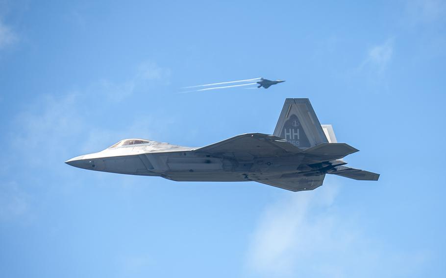 F-22 Raptors practice low approaches at Palau International Airport during exercise Resilient Typhoon, April 25, 2019.