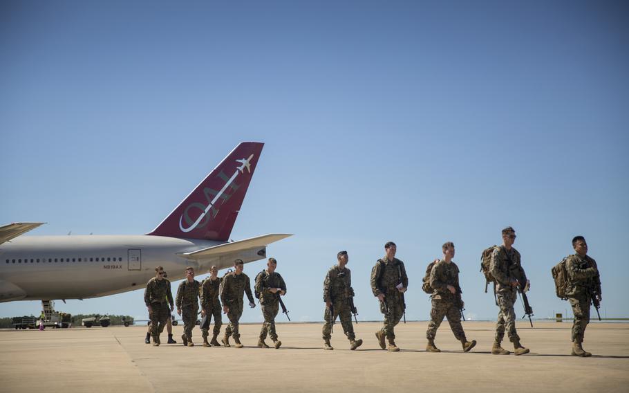 U.S. Marines with the Aviation Combat Element arrive at the Royal Australian Air Force base for the upcoming Marine Rotational Force ? Darwin, Darwin, Australia, April 12, 2019.