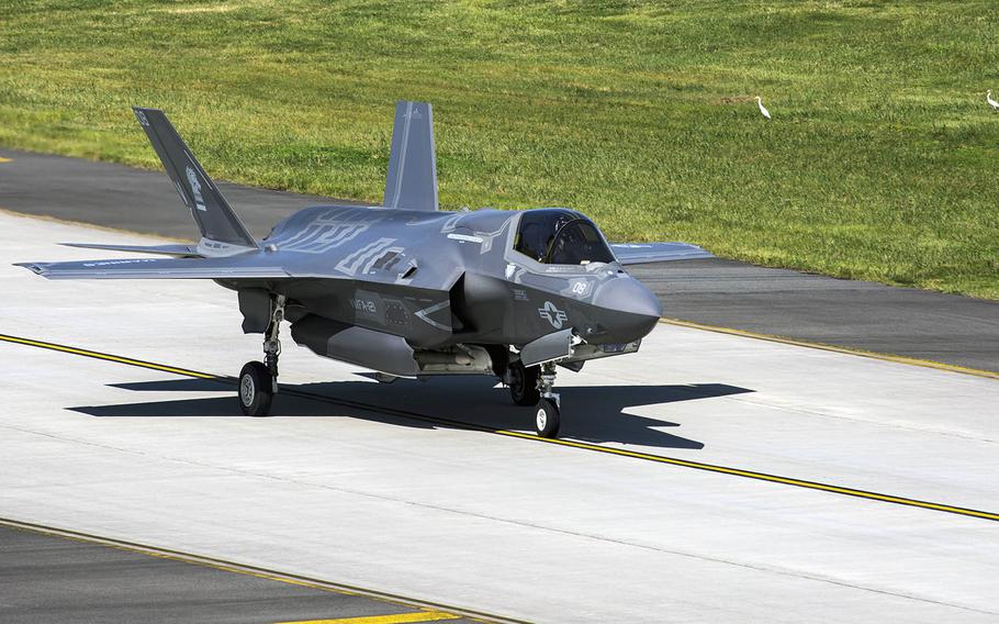 An F-35B Lightning II with Marine Fighter Attack Squadron 121 departs Marine Corps Air Station Iwakuni, Japan, Sept. 18, 2017. An F-35B with the same squadron was damaged by a birdstrike at Iwakuni on May 7, 2019.