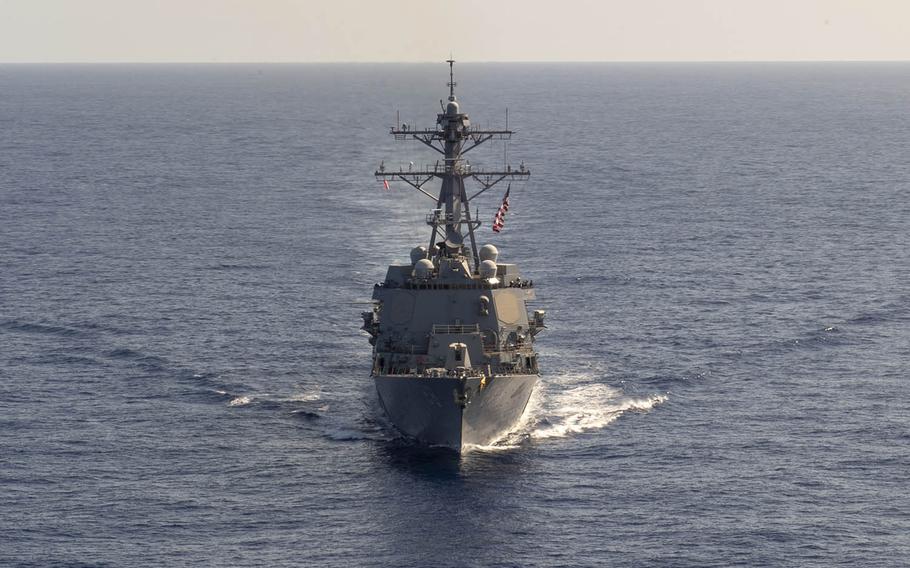 The guided-missile destroyer USS Preble steams through the Philippine Sea, April 18, 2019.