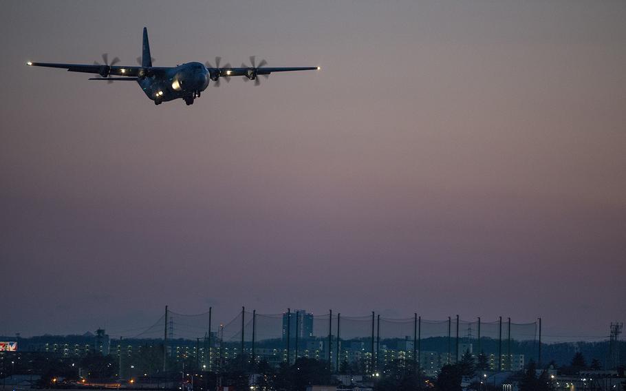 A C-130J Super Hercules with 374th Airlift Wing takes off from Yokota Air Base, Japan, Jan. 14, 2019.