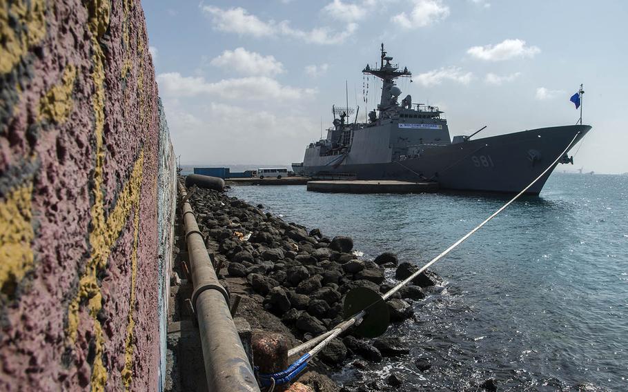 The South Korean destroyer Choi Young is moored at the Port of Djibouti, May 8, 2017.