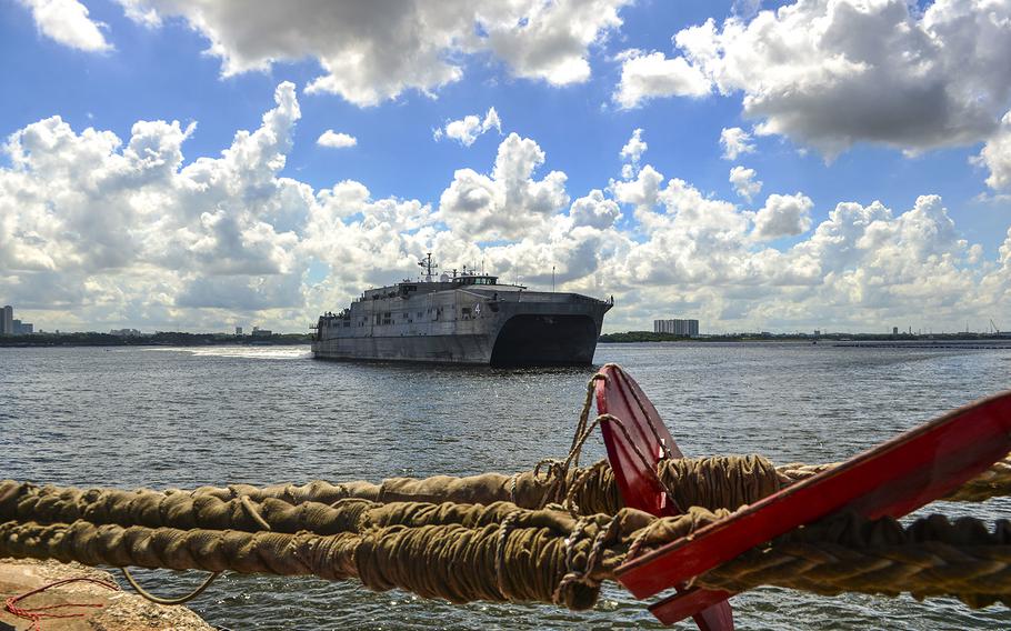 The USNS Fall River arrives at Sembawang Wharves in Singapore following its final Pacific Partnership mission stop in Thailand, May 28, 2019.