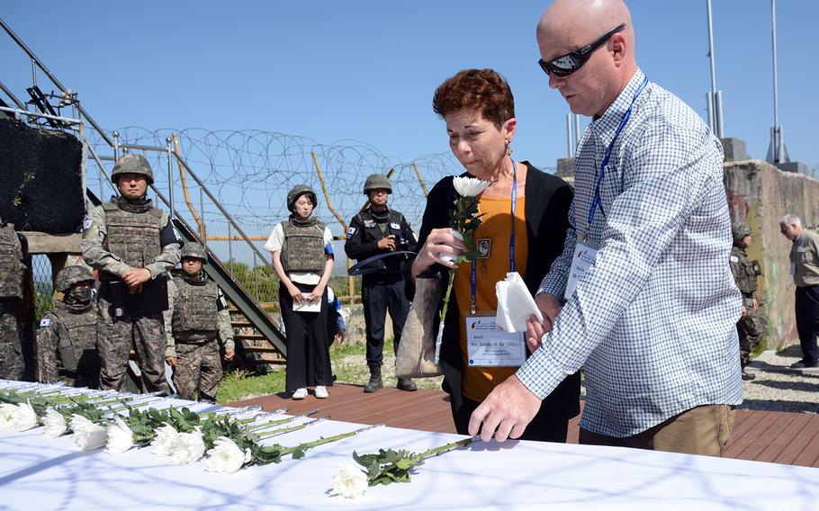 Dorothy Antonelli and Edward McCormick are the niece and grandnephew of Army Sgt. Peter Albert Patete, who was killed in the Korean War in 1950. They joined other relatives of American servicemembers whose remains have yet to be recovered in a visit to the former battleground known as Arrowhead Hill, May 29, 2019.