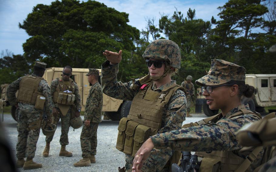 Marines explain the Advanced Motor Vehicle Operations Course before it begins at Camp Schwab, Okinawa, May 23, 2019.