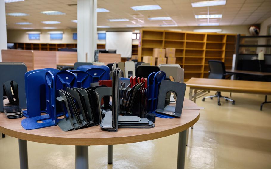 Empty shelves and loose bookends fill the Seoul American library at Yongsan Garrison, South Korea, Wednesday, June 5, 2019.