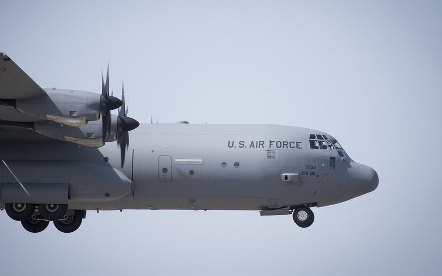 A 36th Airlift Squadron C-130J Super Hercules prepares to land at Yokota Air Base, Japan, March 22, 2019.