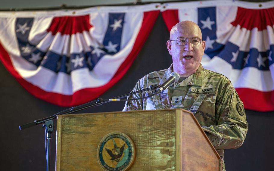 U.S. Army Maj. Gen. Michael D. Turello, the incoming commander of Combined Joint Task Force-Horn of Africa, gives remarks during a change of command ceremony at Camp Lemonnier, Djibouti, June 12, 2019.