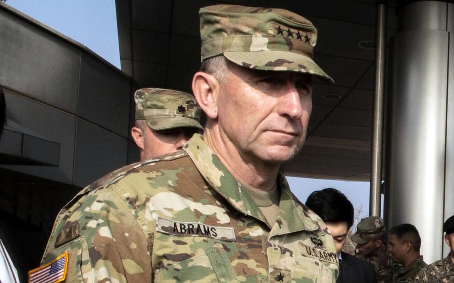 Gen. Robert Abrams, commander of U.S. Forces Korea and United Nations Command, tours the Joint Security Area in Panmunjom, South Korea, Nov. 10, 2018.
