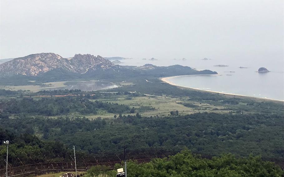 An up-close view of North Korean mountains, lake and coastline from South Korea's Mount Kumgang Observatory on Friday, June 14, 2019, after a hike on the Goseong DMZ Peace Trail, which was recently opened to civilians in the northeastern part of the heavily fortified border area.