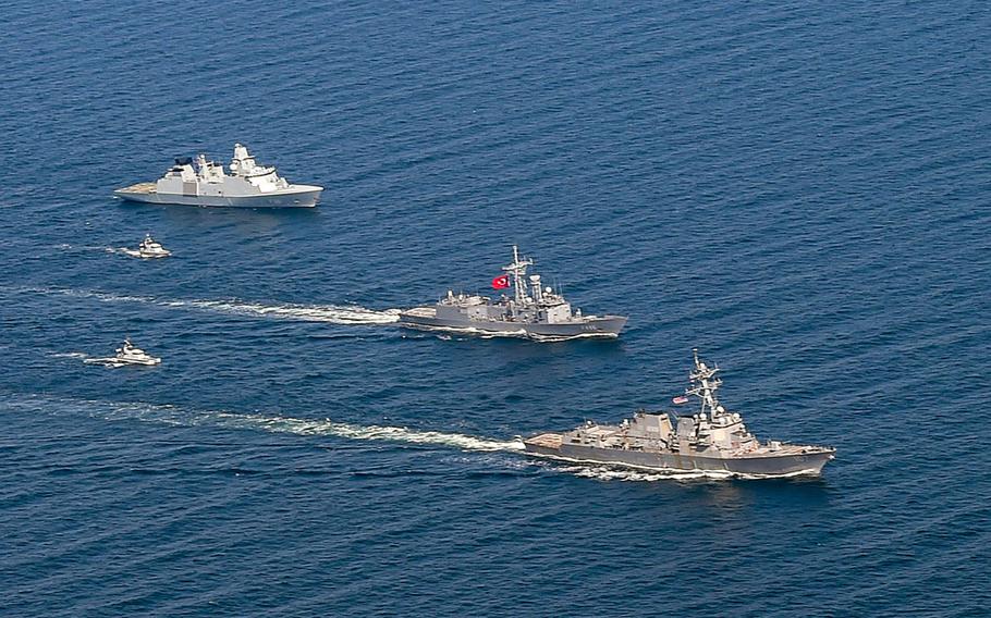 Standing NATO Maritime Group One flagship USS Gravely leads 11 naval ships from nine nations during a Baltic Operations 2019 exercise in the Baltic Sea, June 16, 2019.