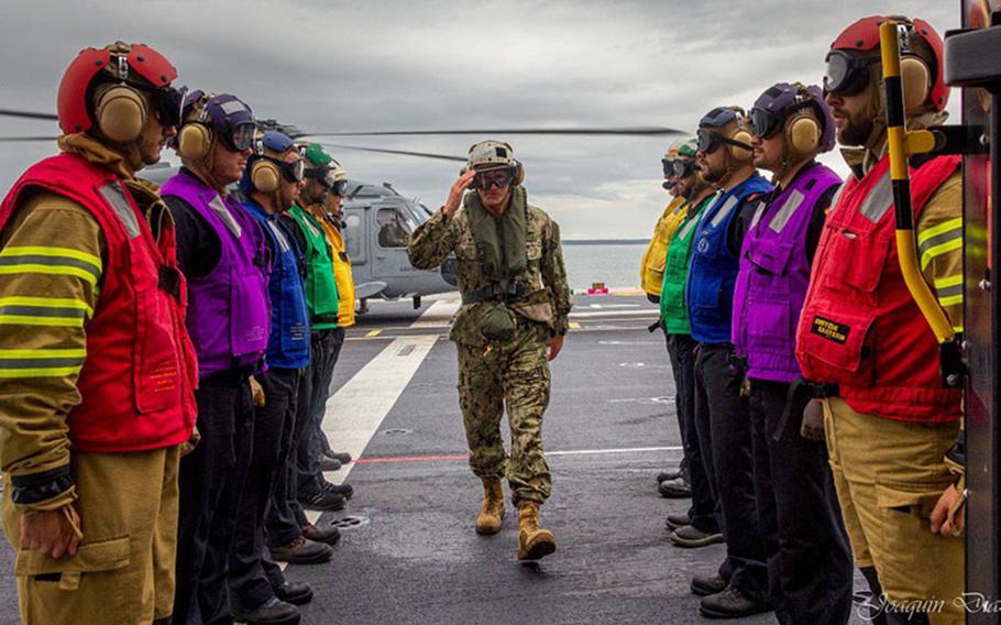 U.S. 2nd Fleet and Task Force 162 commander Vice Adm. Andrew ''Woody'' Lewis visits the Spanish amphibious support ship Juan Carlos I, June 16, 2019, during exercise BALTOPS 2019.