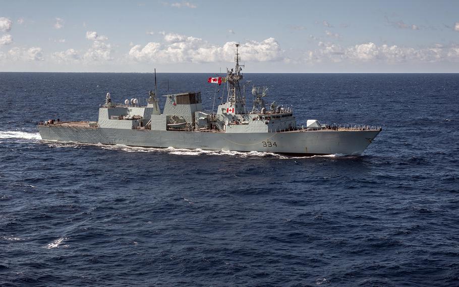 The Canadian frigate HMCS Regina sails through the Western Pacific in 2013.
