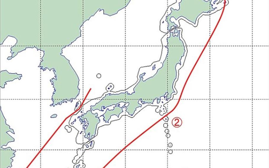 The red line on the map shows the flight path of two Russian Tupolev Tu-95 bombers aircrafts, marking both points of entry into Japanese airspace, June 20, 2019. 