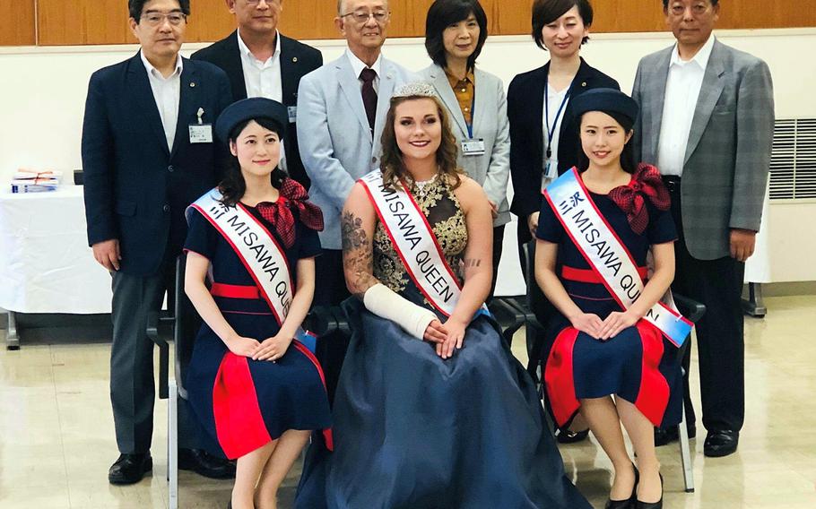 Airman 1st Class Brooklyn Shedd and her fellow Misawa Queens pose with Misawa city officials after being crowned on Friday, June 21, 2019.