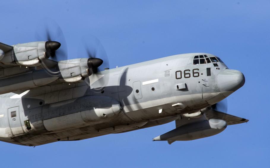 A KC-130J with Marine Aerial Refueler Transport Squadron 152 takes off during an exercise at Marine Corps Air Station Yuma, Arizona, Jan. 18, 2019.