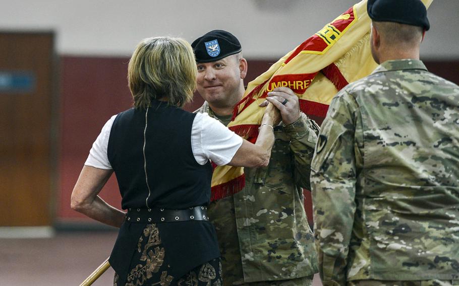 Col. Michael Tremblay assumes command of Camp Humphreys in a ceremony at the Army garrison in Pyeongtaek, South Korea, on Thursday, June 27, 2019.