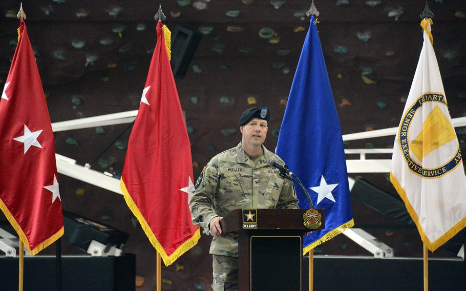 Col. Scott Mueller speaks after relinquishing command of Camp Humphreys to Col. Michael Tremblay in a ceremony at the Army garrison in Pyeongtaek, South Korea, on Thursday, June 27, 2019.
