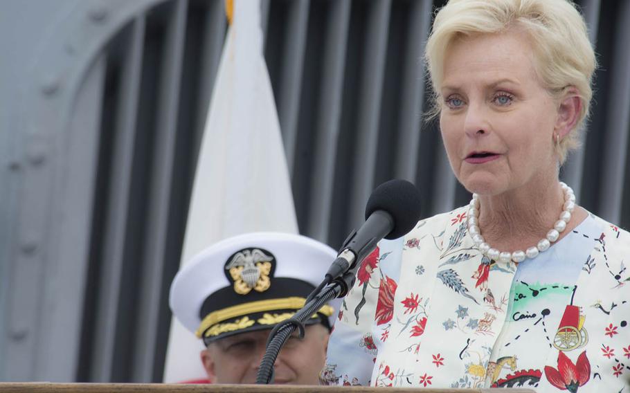 Cindy McCain speaks aboard the USS John S. McCain at Yokosuka Naval Base, Japan, Tuesday, July 2, 2019.