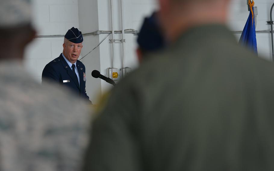 Incoming 18th Wing commander Brig. Gen. Joel Carey speaks during his change-of-command ceremony at Kadena Air Base, Okinawa, Monday, July 8, 2019.