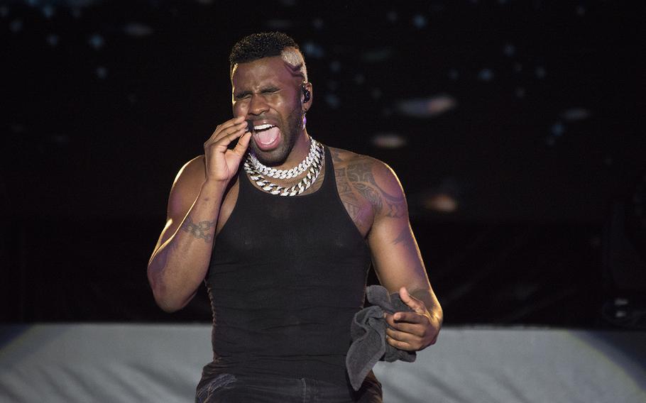 Platinum-selling artist Jason Derulo performs during the Camp Foster Festival at the Marine base on Okinawa, Saturday, July 6, 2019.