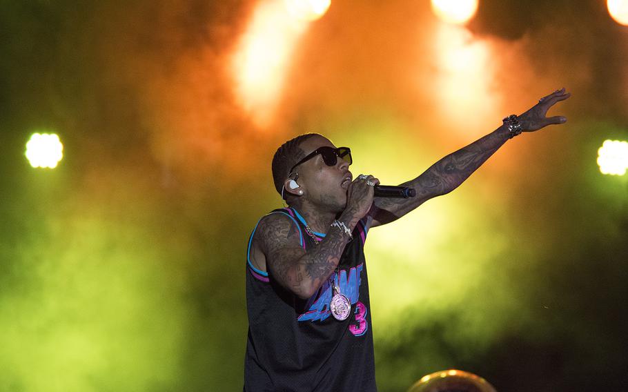 Rapper Kid Ink performs during the Camp Foster Festival at the Marine base on Okinawa, Sunday, July 7, 2019.