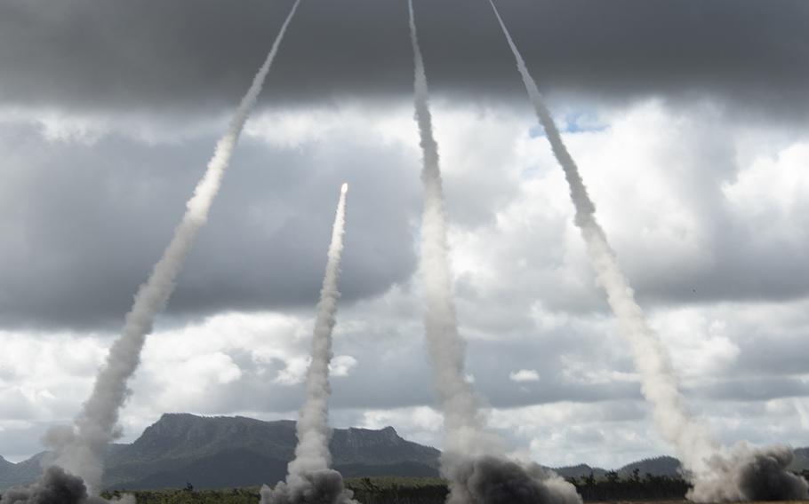 A High-Mobility Artillery Rocket System, also known as HIMARS, is test-fired during Talisman Sabre drill in Queensland, Australia, July 8, 2019.