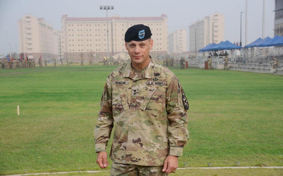 Maj. Gen. Scott McKean speaks to reporters before relinquishing command of the 2nd Infantry Division at Camp Humphreys, South Korea, Wednesday, July 17, 2019.