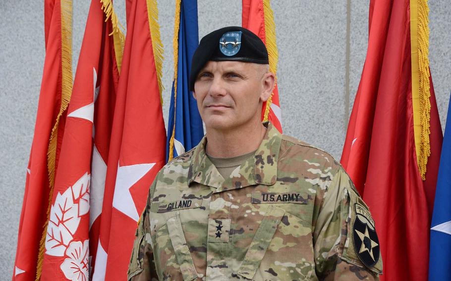 Maj. Gen. Steve Gilland, the new commander of the 2nd Infantry Division, speaks to reporters after his change-of-command ceremony at Camp Humphreys, South Korea, Wednesday, July 17, 2019.