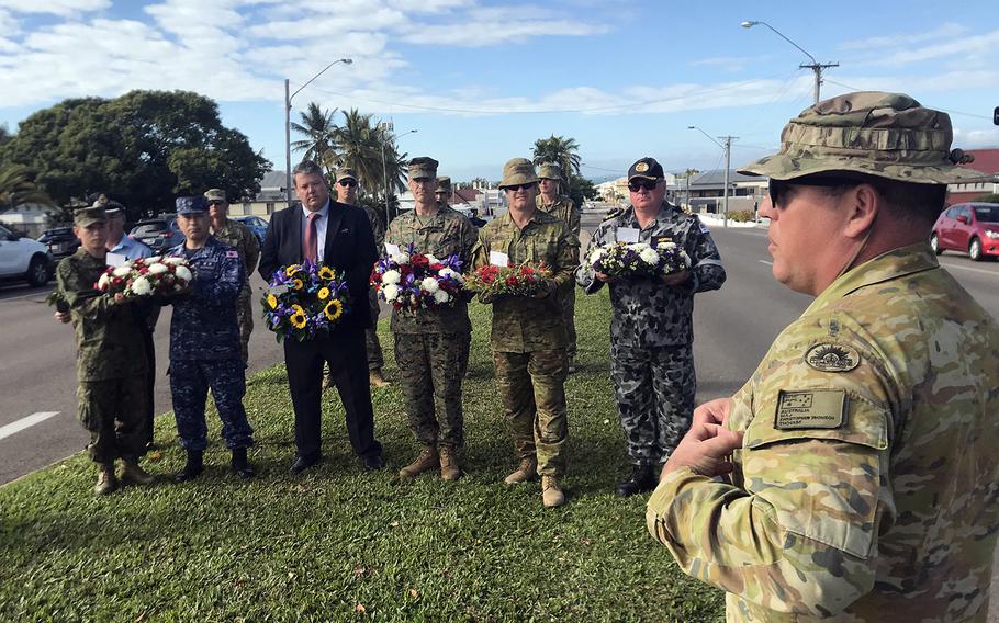 Local and military leaders from the U.S., Australia and Japan, in town for Talisman Sabre drills, layed wreaths at the Bowen War Memorial in Bowen, Australia, Tuesday, July 23, 2019.