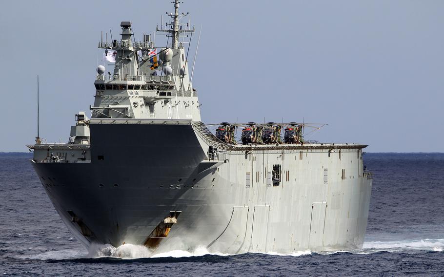 The HMAS Adelaide transits the Tasman Sea during exercise Talisman Sabre, July 11, 2019.