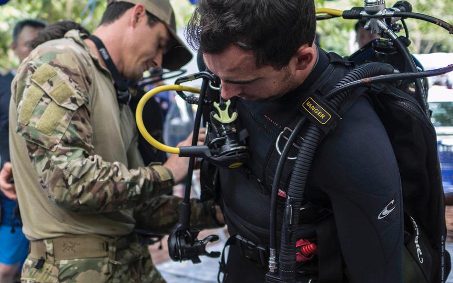 Air Force Tech Sgt. Kenny O'Brien prepares for dive operations outside Tham Luang cave in Chiang Rai, Thailand, on July 2, 2018.
