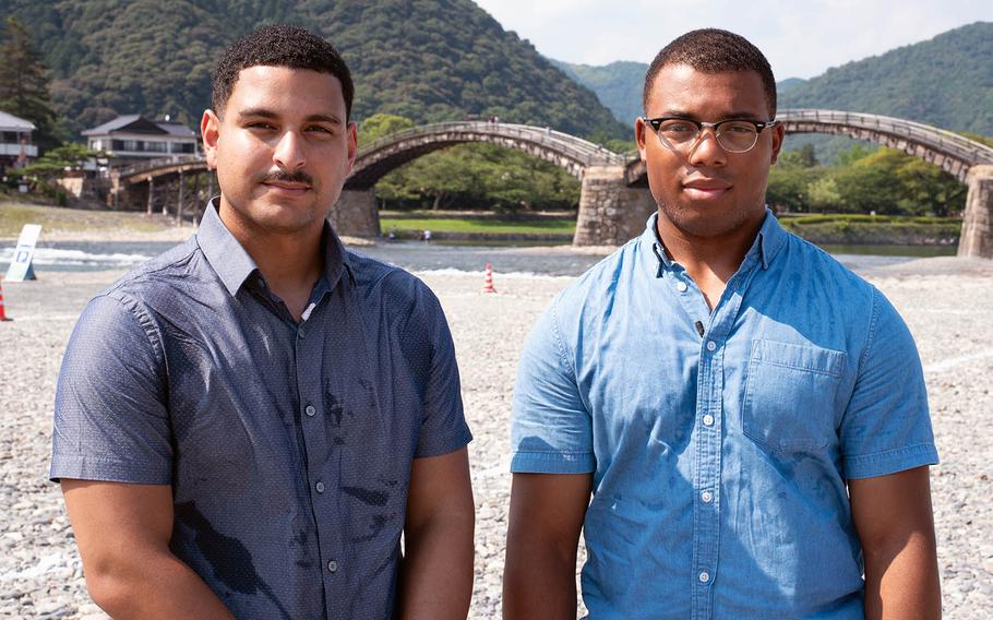 Cpls. Jose Castrobaez, left, and Raekwon Johnson, C-130J engine mechanics, assisted a Japanese civilian who was injured July 27, 2019, while spearfishing near Marine Corps Air Station Iwakuni, Japan. They are pictured near the scene on Thursday, Aug. 1, 2019.