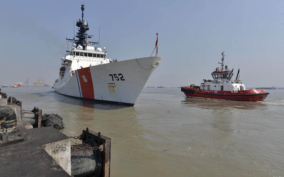 The U.S. Coast Guard cutter Stratton departs the Port of Tanjung Perak, Indonesia, to take part in Cooperation Afloat Readiness and Training on Aug. 4, 2019.