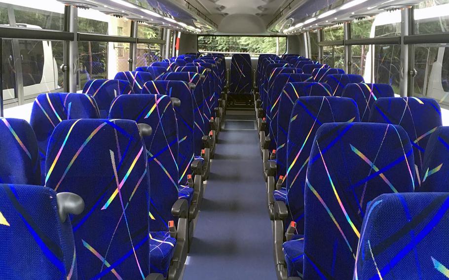 New Hino buses purchased by the Department of Defense Education Activity for schools in Japan provide reclining seats, seat belts and storage room, as seen here at Yokota Air Base on Aug. 16, 2019.