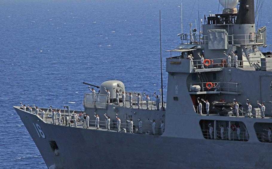 The crew of Philippine navy vessel BRP Ramon Alcaraz bid farewell to the USS Blue Ridge in the South China Sea, March 19, 2019. The Ramon Alcaraz is among the ships slated to participate in the inaugural ASEAN-U.S. maritime exercise.