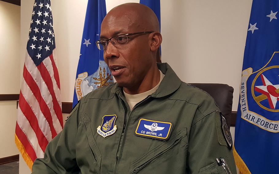 Gen. Charles Q. Brown, commander of Pacific Air Forces, speaks with reporters at Joint Base Pearl Harbor-Hickam, Hawaii, Tuesday, Sept. 3, 2019.